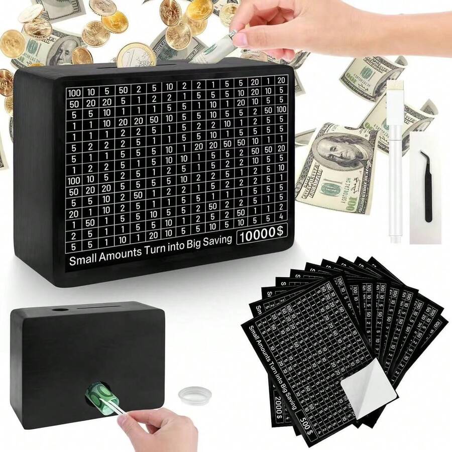 木制存钱罐，带 8 个储蓄目标的现金保险库，一体式现金保险库木制储蓄罐硬币储蓄罐带计数器，成人、女性、男性礼物，无需安装 - 黑色 - 查看 1