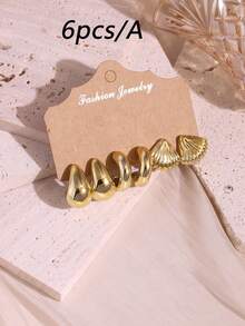 6/18件套时尚新款海星、贝壳、光滑水滴和凹凸C形金耳环耳钉套装，适合夏季旅行和度假 - 金色 - 查看 15