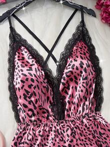 New Arrival Women's Sexy Lingerie Adjustable Cross-Back Straps With Deep V-Neck Backless Sexy Teddy Lace-Embellished Satin Comfortable Homewear Bodysuit Pajamas - Deep Pink - View 5