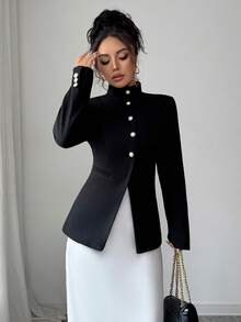 Palton elegant pentru femei, cu guler înalt, culoare solidă, cu buzunar și nasturi în față, stil business casual - Negru - Vizualizare 6