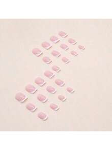 24 Pieces Of Short Shiny Coffin Nails Pink And White French False Nails, Reusable, Suitable For Women. Press-On False Nails - Hồng - Xem 2