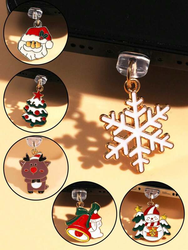 1/6pcs Christmas Themed Charms - Santa Claus, Snowman, Snowflake, Reindeer, Christmas Tree, Cute Cartoon Metal Alloy Decorations, Suitable For Smartphone, Tablet, Earphone, Kindle Charging Port, Silicone Transparent Dust Plug, Gifts For Friends, Couples, Parties, Holidays, Protects Charging Port From Water, Moisture, And Dirt, Compatible With IPhone Lightning/Type-C Ports