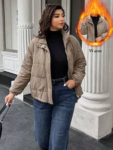 Cappotto Doriss Plus Size casual con cerniera laterale, tasche frontali, collo alto e maniche lunghe, adatto per l'inverno, colore marrone chiaro, stile minimalista, stile da corte, San Valentino, stagione dei matrimoni, Capodanno, stile bohémien, autunno e inverno - Castano - Visualizzare 1