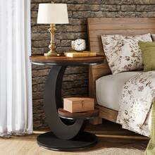 LITTLE TREE Round End Table, 2 Tiers Side Table With Storage Shelf, Sofa Side Bedside Nightstand With Rustic Wood And Metal Arc-Shaped Frame For Small Spaces, Living Room, Bedroom, Easy To Assemble - 棕色 - 查看 5