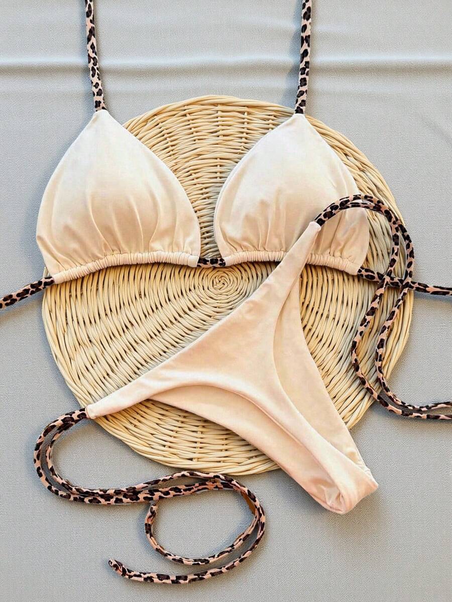 2pcs Sexy Halter Tie-Up Leopard Printed Women Bikini Swimsuit - White - View 1