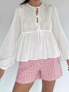 Lace Embroidery Patterns Babydoll Tops For Women Y2k Lantern Sleeve Crew Neck Tie Front Eyelet Going Out Peplum Loose Cute T-Shirts Fall Dressy Blouses Streetwear RetroTrendy Outfit - 白色 - 查看 4