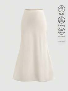 女士缎面长款连衣裙，优雅高腰真丝A字裙，适合鸡尾酒会、婚礼等场合 - 杏色 - 查看 5