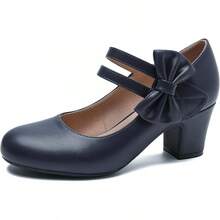 Enelauge Women's Mary Jane Heels With Bow Retro Closed Round Toe Pumps Sweet Ankle Strap Low Block Heels Chic Bowtie Vintage Dress Wedding Party Office Daily ShoesChristmas - 海軍藍啞光 - 查看 1