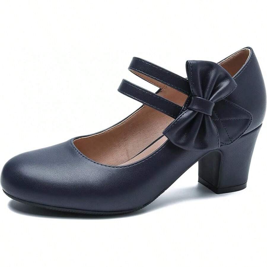 Enelauge Women's Mary Jane Heels With Bow Retro Closed Round Toe Pumps Sweet Ankle Strap Low Block Heels Chic Bowtie Vintage Dress Wedding Party Office Daily ShoesChristmas - 海軍藍啞光 - 查看 1