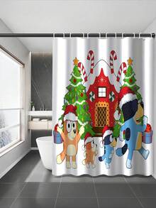 [Christmas Bluey Shower Curtain Window Curtain Set] 1/3/4pcs Christmas Solid Color Santa Hat Bluey Family And Friends Holiday Pattern Printed Shower Curtain Set, Modern Design, Suitable For All Seasons, Waterproof Polyester Hooks And Lining, Flannel Material, Soft Surface, Absorbent Anti-Slip Bathroom Mat, Bathroom Set Includes U-Shaped Mat, Toilet Mat, Anti-Slip Bathroom Mat And Bathroom Accessories, Home Decor, Holiday Decor, Christmas Gift, Daily Decor, Gift Giving