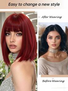 12英寸短款红色假发，带刘海，合成纤维材质 - 色彩鲜艳，自然逼真的波波头假发，适合女性，可调节发网，易于造型，完美适用于派对/日常佩戴/角色扮演，圣诞节礼物佳选 - 紅色 - 查看 7