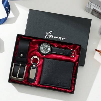 男士手表礼品套装，适合父亲节、爸爸礼物，包括休闲皮带、钱包、太阳镜，非常适合送给男朋友、丈夫、周年纪念、教师节、毕业礼物