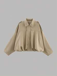 Chaqueta bomber suelta de manga larga de unicolor de felpa para mujer, estilo casual de moda para primavera/otoño - Caqui - Ver 2