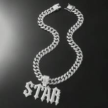 1pc Alloy Rhinestone Letter Star Pendant Necklace With Cuban Chain, Unique Unisex Jewelry For Everyday Wear