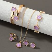 Five-Petal Flower 5-Piece Set Necklace Bracelet Bangle Earrings Ring Elegant Set - Hồng - Xem 4