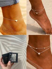 1 Set Of 2 Pieces Minimalist Heart Pendant Multilayer Necklace, Personalized Creative Accessory Choker Necklace (One Necklace Per Set) - Silver - View 9