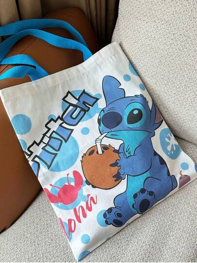 1pc, Stitch And Mickey Mouse Summer Large-Capacity Canvas Tote Bag, Unisex Backpack, Cotton Linen Shopper, Handbag, Fashionable And Versatile For Convenient And Cute Outings.