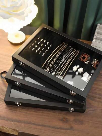 1pc Necklace Storage Box With Transparent Cover, Jewelry Tray Display, Transparent Lid Jewelry Necklace Display Box, Women & Girls Display & Storage Box, 100 Slots Ring Jewelry Box, Earring Jewelry Tray, Ring Jewelry Storage & Display Tray, Minimalist Velvet Ring Box, Jewelry Box, Earring Jewelry Storage Box, Dust-Proof Jewelry Display Box