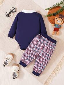 H HIBOBI 2pcs Baby Boy Outfit, Includes Bear Pattern Long Sleeve Top And Plaid Pants (0-18 Months)