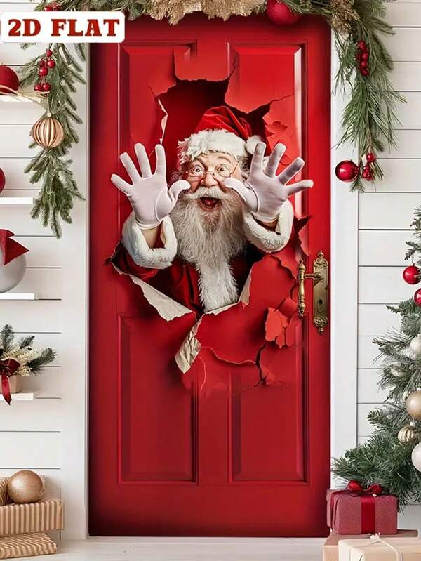 1pc Christmas Door Banner, Santa Claus Design, 35.4inX70.8in, Durable Polyester Material, Christmas Decoration, Christmas Theme Party Decor, Outdoor And Indoor Decoration, Ideal For Porch, Yard, Garage And Home