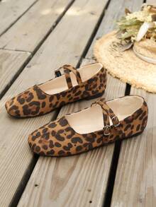 Zapatos planos de mujer con estampado de leopardo para primavera/otoño, bailarinas de moda con tiras cruzadas para uso diario, cómodos y ligeros mocasines con estilo retro y suela antideslizante - Estampado de leopardo de cabeza cuadrada - Ver 6