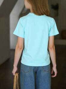 Camiseta informal para niña con cuello redondo, manga corta, estampado de dibujos animados Brainrot Tralalero Tralala Animado , diseño holgado, color rosa para primavera-verano y uso diario. - Azul - Ver 2