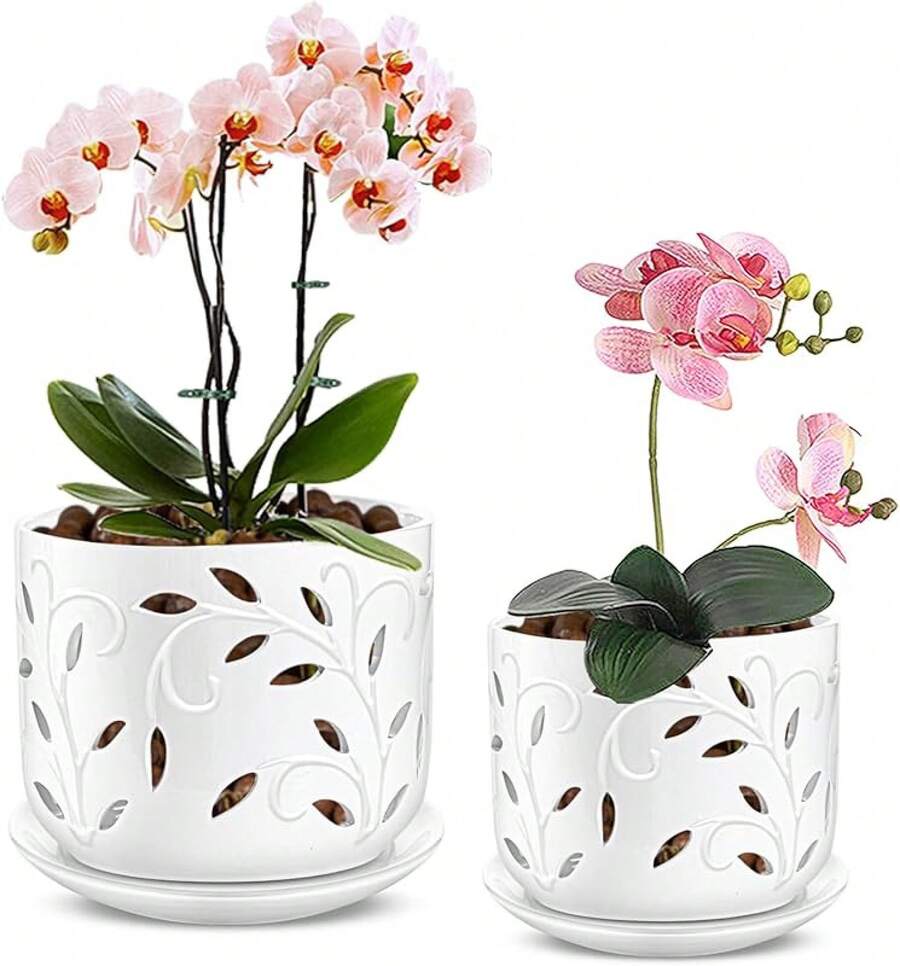 KF-Plant AccessoriesOrchid Pot With Holes, 5+6Inch Ceramic Plant Pots With Drainage Holes And Tray, Promoting Air Circulation And Drainage, Indoor/Outdoor White Flower Potsplant Garden - 白色-2 - 查看 1