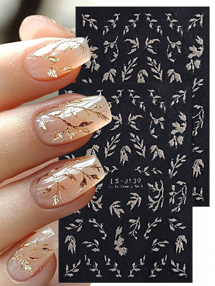 2片浅金色叶子亮片美甲贴纸，中国风柳叶3D美甲图案，魅力美甲装饰，自粘美甲贴纸，适用于DIY美甲沙龙、女性美甲用品等。 - 金色 - 查看 1