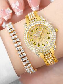 6 PIEZAS | Conjunto de relojes de cuarzo de estilo retro elegante para mujeres, con diamantes de agua, números romanos. Estilo bohemio. Adecuado para uso diario, uso en fiestas. Regalos de cumpleaños, regalos de Navidad, etc.