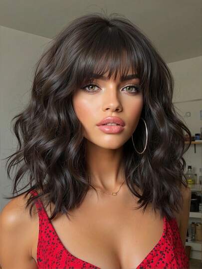 14 Zoll kurze wellige Perücke mit Pony, Reizende kurze Frisur natürlich aussehende hitzebeständige synthetische Perücke für täglichen und Party-Gebrauch