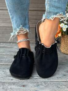 全新经典系带圆头舒适时尚休闲百搭软底平底鞋，平底鞋，秋季，穆勒鞋 - 黑色 - 查看 4