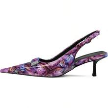 Women's Pointed Toe Slingback Heels Metal Buckle Ankle Strap Kitten Low Heel Pumps 2 Inch Stylish Retro Women Shoes-20256688 - 漆皮花紫色 - 查看 9