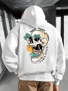 Sudadera con Capucha Oversize para Hombre con Letras Góticas y Estampado Gráfico de Calavera y Palmera - Beige con Diseño de Moda Urbana Negra, Sudadera Casual de Ajuste Holgado, Sudadera con Capucha Beige con Bolsillos para Hombre, Calidez de Invierno, Cuidado Fácil (Lavado a Mano/Limpieza en) - para el Día a Día y Eventos Temáticos (Beige/Negro) - Estética Edgy con Estilo Tropical y Gótico, Ajuste Relajado para Capas, Pieza de Declaración Audaz para Masculina - Blanco - Ver 1