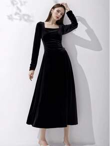 2025 新款优雅派对鸡尾酒会舞会礼服冬季方领天鹅绒连衣裙女式黑色长袖别致修身 A 字复古办公室服装约会夜礼服女式秋季长袍