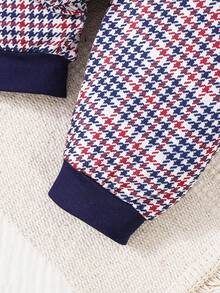 H HIBOBI 2pcs Baby Boy Outfit, Includes Bear Pattern Long Sleeve Top And Plaid Pants (0-18 Months)