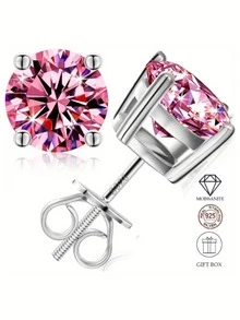 1 pereche inel cu moissanit rotund de 2 ct, argint 925, culoare D, claritate VVS1, cercei cu moissanit - hipoalergenici, potriviți pentru femei, fete, mame, pentru purtare zilnică și cadouri