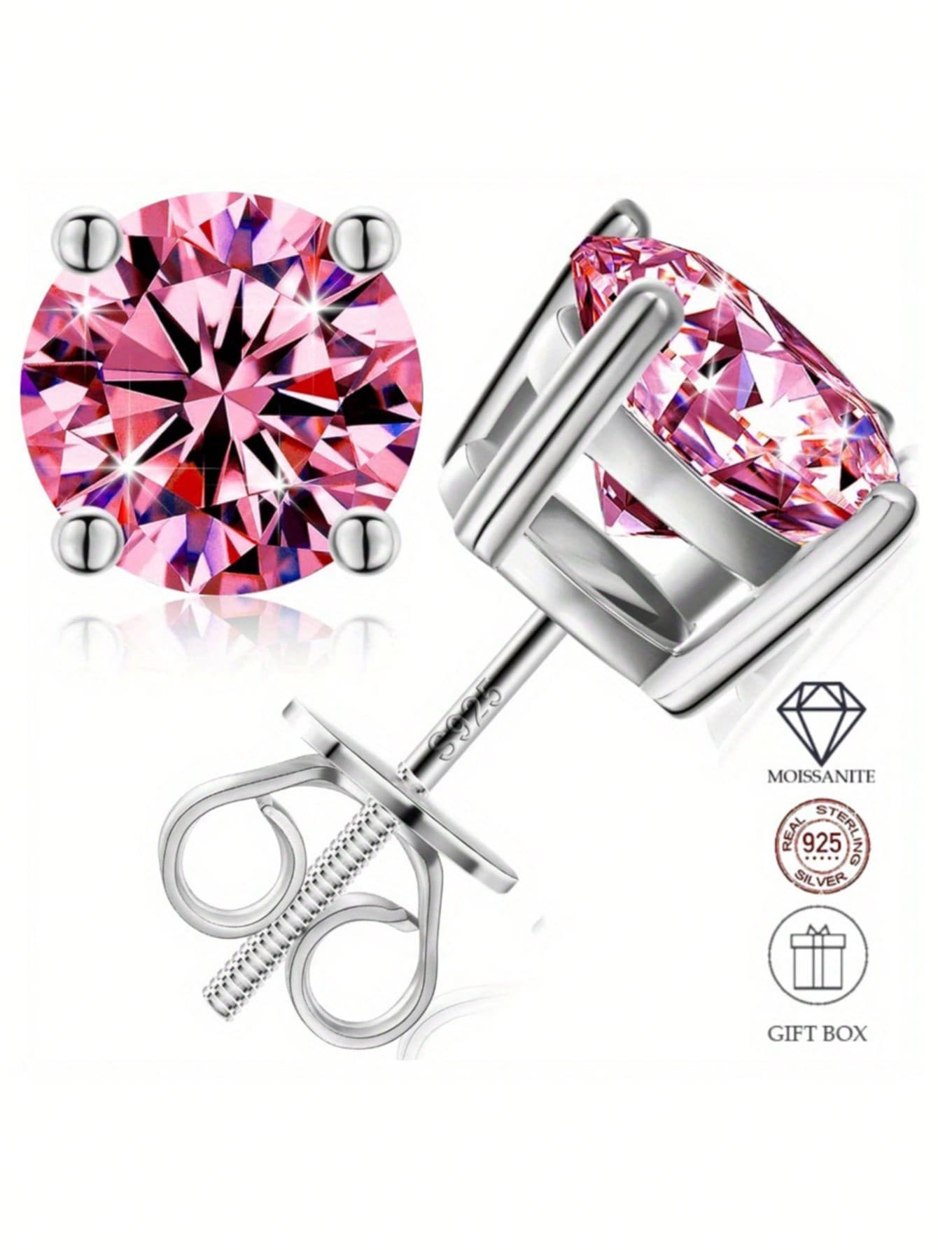 1 pereche inel cu moissanit rotund de 2 ct, argint 925, culoare D, claritate VVS1, cercei cu moissanit - hipoalergenici, potriviți pentru femei, fete, mame, pentru purtare zilnică și cadouri