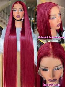 99J Colored Lace Front Human Hair Wigs Straight Burgundy 13x4 HD Transparent Full Lace Frontal Wig Red Glueless Wigs For Women - S99J - 查看 5