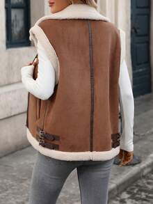 Women's Solid Color Suede Vest With Pockets And Lapel Collar, Autumn/Winter - Coffee Brown - View 3