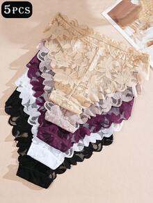 5pcs/Set Solid Color & Floral Lace Print Ruffle Design Comfortable Sexy Women's Panty Set, Suitable For Daily And Special Occasions - Multicolor - View 4