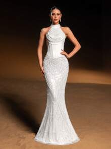 Elisanya 情人节高级魅力奢华高领无袖美人鱼晚礼服，饰以珠饰亮片刺绣、束腰设计和鱼尾廓形——完美适用于婚礼、红毯活动、晚宴、正式晚宴、新年装扮、生日装扮、夏季假日派对等场合。 - 白色 - 查看 6