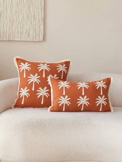 1pc Orange Coconut Tree Embroidered Throw Pillow Cover, Suitable For Indoor Decor, All Season Pillow Cover, Pillow Insert Not Included