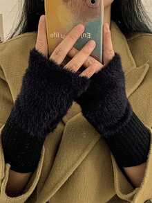 2 双女式露指针织毛绒手套，冬季保暖手套人造毛皮手套多功能可爱办公室骑行防风露指手套