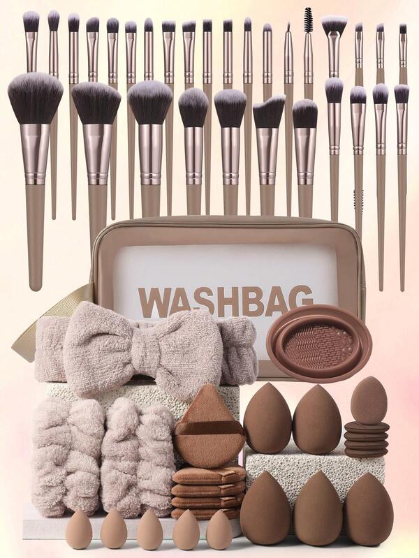 55PCS Makeup Tools Set Including:1PCS Multi-Functional Zipper Toiletry And Cosmetic Bag Waterproof+30pcs Makeup Brush Sets+5PCS Makeup Sponge+5PCS Mini Makeup Sponges+5PCS Triangle Powder Puffs+5PCS Mini Air Cushion Powder Puffs+1PCS Hairband+2PCS Hand Bowl Strap+1PCS Makeup Brush Cleaning Tools,Travel,Travel Essential,Valentine's Day,Cheap,Travel Makeup Brush,Gifts For Women,Makeup Artist,Professional Complete Makeup Kit