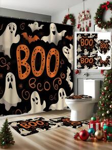 1 Set Ghost Halloween Print Shower Curtain - 1/4 Piece Shower Curtain Set With 12 Hooks - Waterproof, Non-Slip Bath Mat, Toilet Seat Cover And U-Shaped Carpet Bathroom Shower Curtain Set - Machine Washable Cartoon Bathroom Decor Curtain Set, This Is A Set Of Christmas Decorative Bathroom Supplies Suitable For All Seasons, And Is The Perfect Christmas And Halloween Gift Series For Friends And Family - Multicolor - View 2