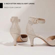 Women's IN3 D'Orsay Pumps Low Kitten Heels For Women Dress Shoes Pointed Closed Toe Wedding Bride Ankle Strap Dressy Silver Black Nude White Gold Heels For Women-2025 - 金色亮片 - 查看 11