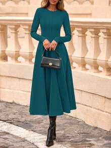 Cocktail Dresses For Women  Elegant Classy Fall Long Sleeve Midi Swing A Line Flowy Modest Party Dress - màu lục lam đậm - Xem 5