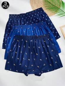 3 件/包男士透气松紧腰印花平角短裤，宽松休闲内裤 - 彩色 - 查看 2