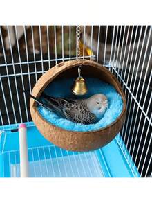 Natural Small Pet Coconut Shell Bird Nest, House, Bed, Breeding Nesting, Anti-Chew, With Warm Pad And Bell For Parrots, Cockatiel, Finches (Model A, One Size, No Pad, Random Bell Color)