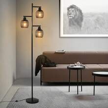 Lámpara de pie para sala de estar - Lámpara de pie vintage hecha de metal con casquillo E27 para un máximo de 3 bombillas de 25W. Lámpara de pie industrial negra adecuada para dormitorio, sillón, cama. Altura: 152CM, incluye interruptor de pie